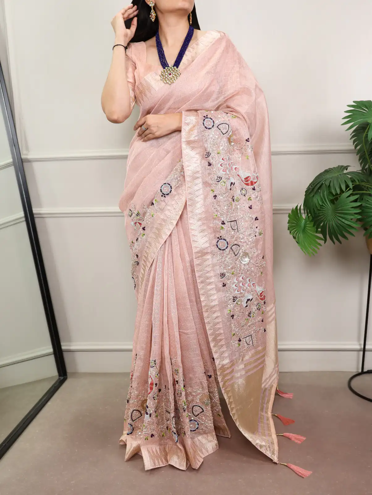 Peach Kota Tissue Zari Embroidery Work Saree