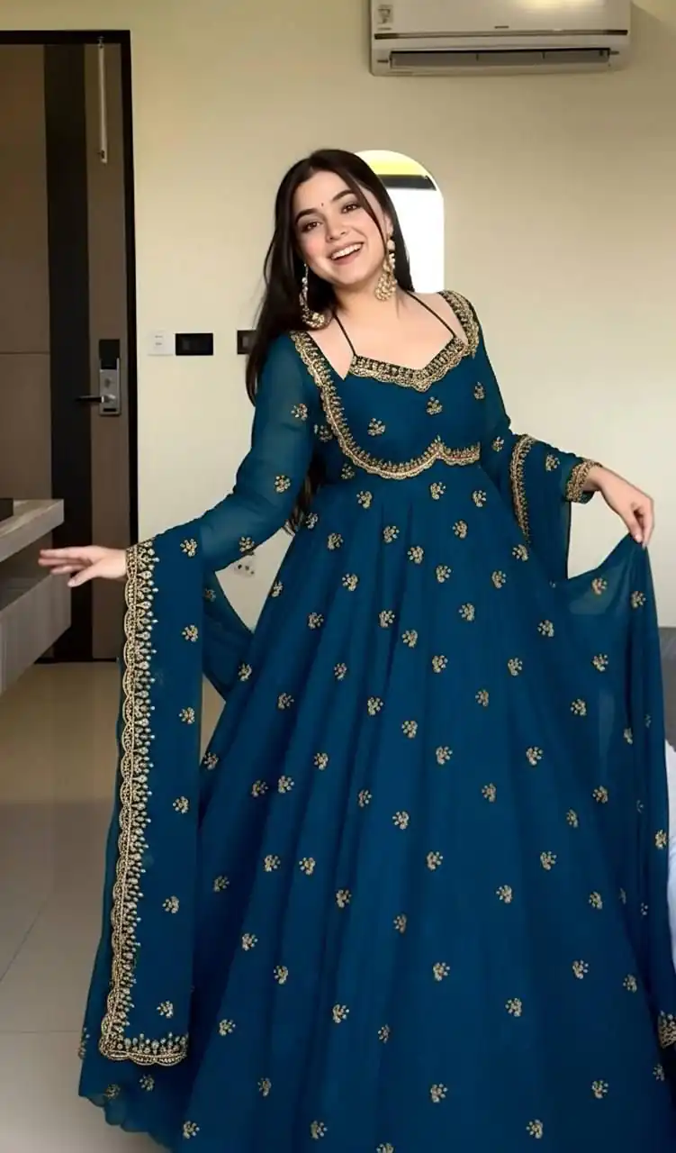 Peacock Blue Georgette Embroidery Work Gown