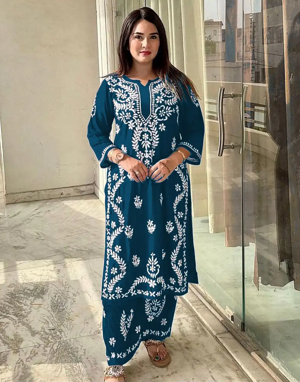 Peacock Blue Rayon Wid Lakhnavi  Style Work Kurti