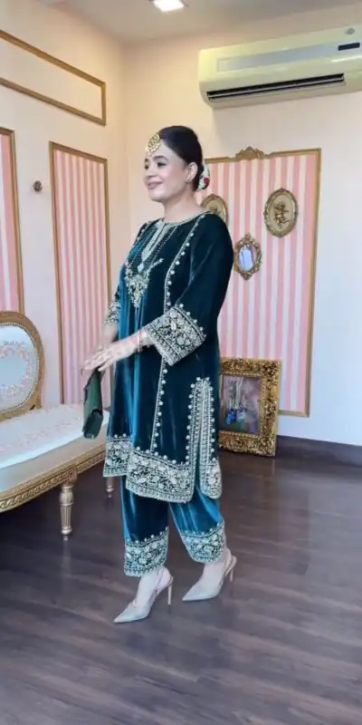 Peacock Blue Velvet Embroidery Lace Work Salwar Suit