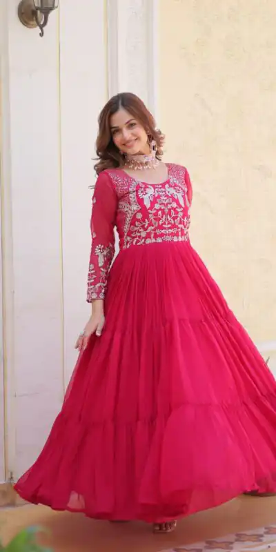 Ram 083 Pink Fox Georgette Sequence Work Gown . Wedding, Party, Festive, Events Grab it for ₹1749. Delivery 4-6 Working Days. Shop now. | Gowns, Bollywood Gowns, Creative Gowns, Designer Gowns, Embroidered Gowns, Party Wear Gowns