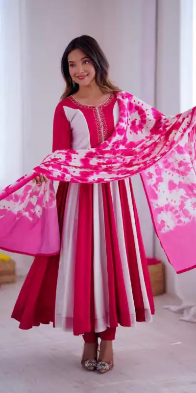 Pink Roman Silk Embroidery Work Digital Print Gown