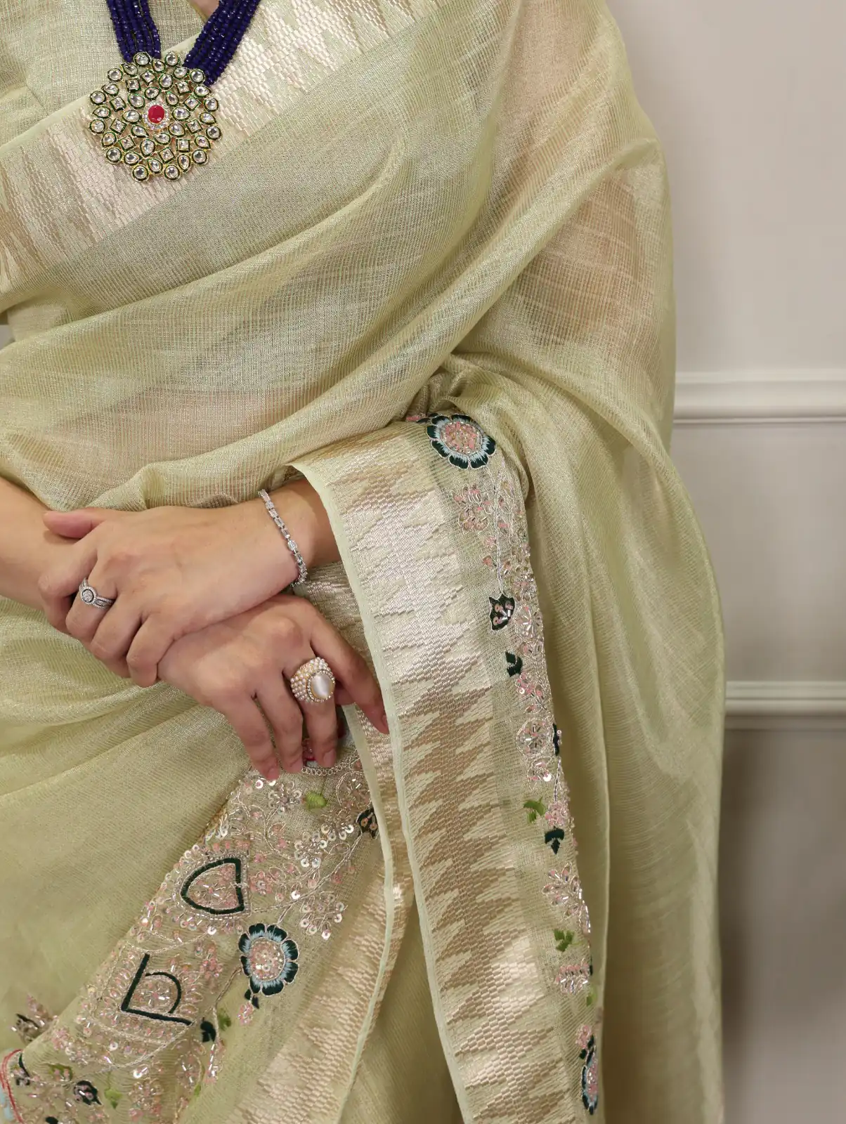 Pista Kota Tissue Zari Embroidery Work Saree - Image 2