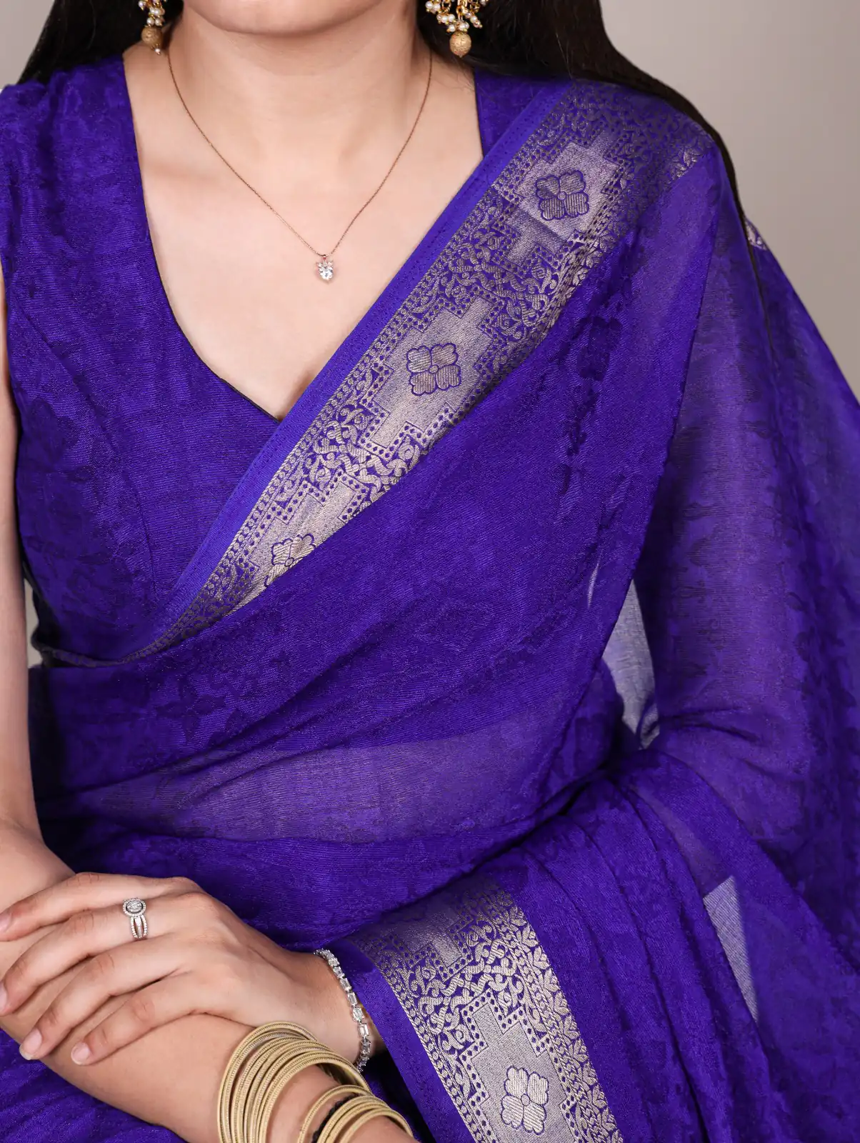 Royal Blue Poly Shimmer With Zari Work Saree - Image 2