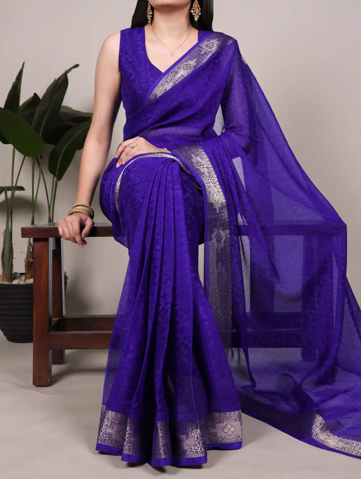 Royal Blue Poly Shimmer With Zari Work Saree