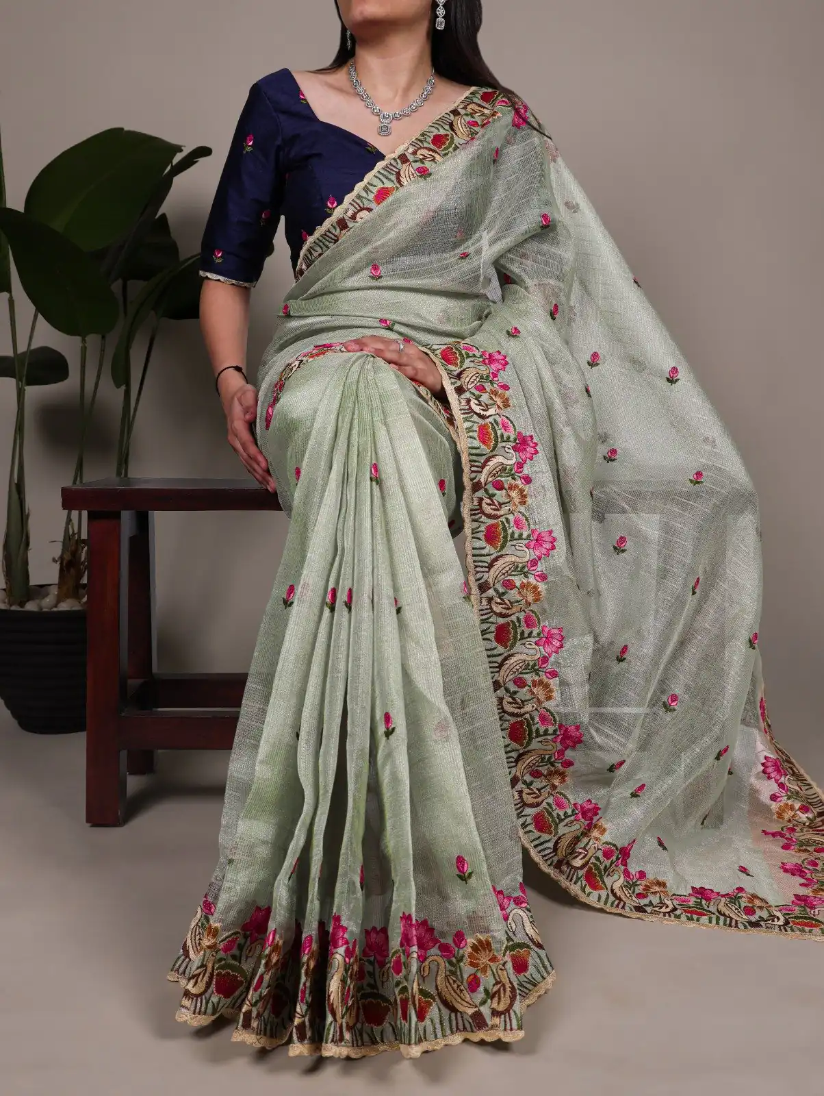 Sea Green Zari Kota Tissue Embroidery Zari Work Saree