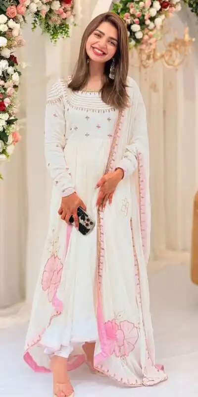 White Georgette Embroidery Work Gown