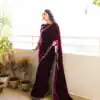 Wine 9000 Velvet Embroidery Lace Work Saree