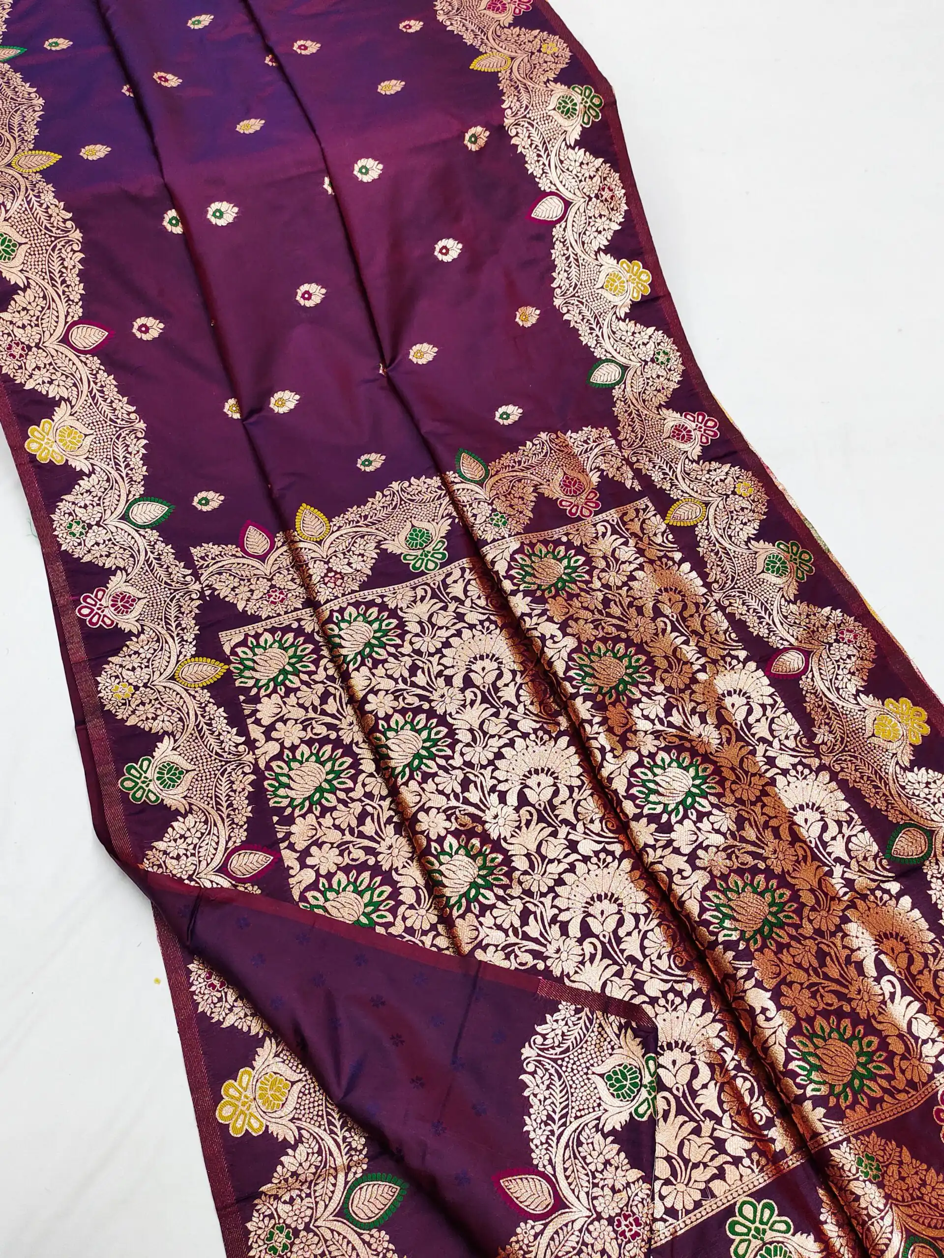Wine Banarasi Lace Work Gold Zari Border Saree