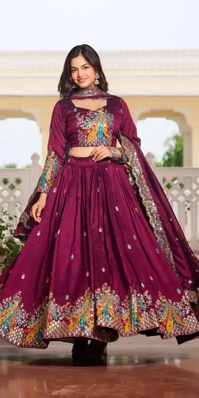 Wine Vichitra Embroidery Work Lehenga Choli