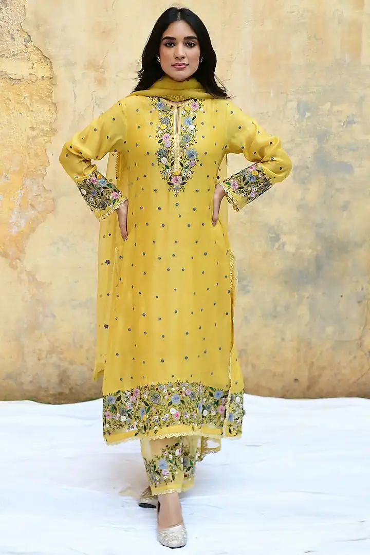 Yellow Faux Georgette Embroidery Lace Work Salwar Suit - Image 7