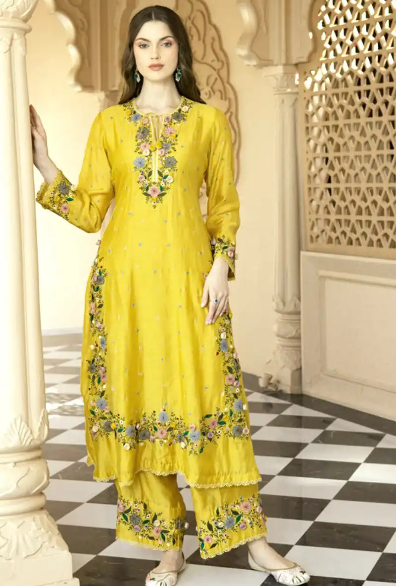 Yellow Faux Georgette Embroidery Lace Work Salwar Suit - Image 3