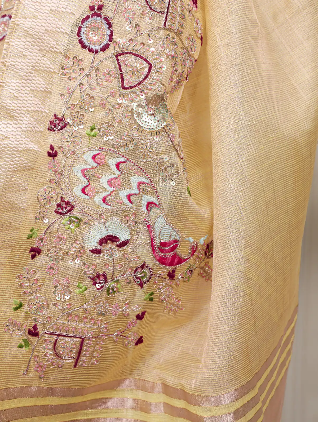 Yellow Kota Tissue Zari Embroidery Work Saree - Image 2