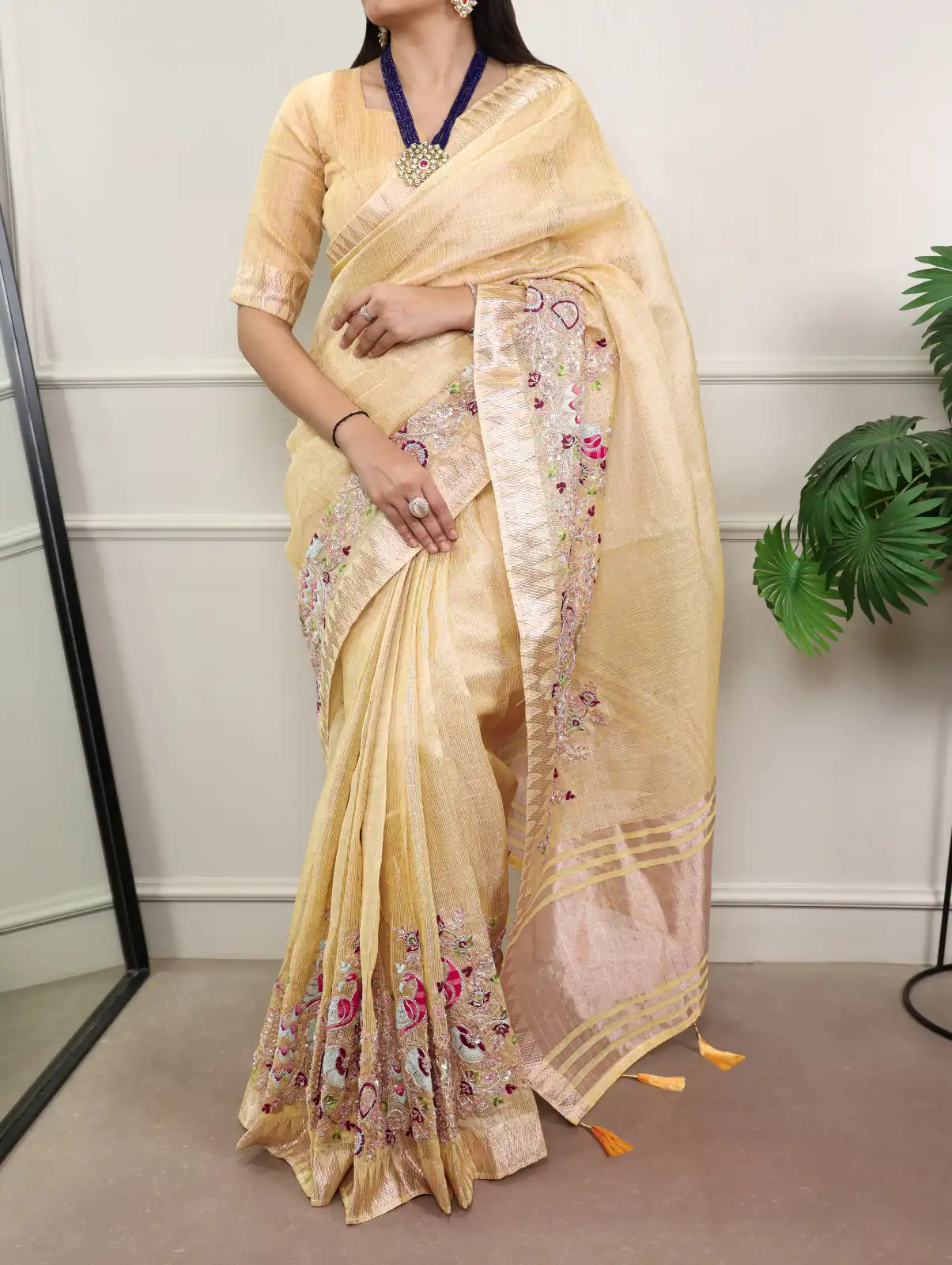 Yellow Kota Tissue Zari Embroidery Work Saree