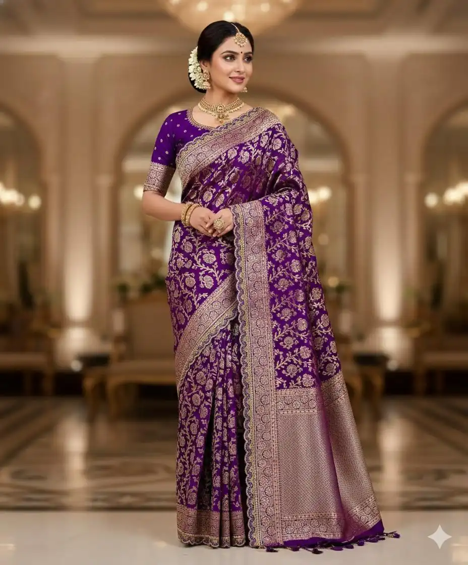 Purple Litchi Silk Embroidery Lace Work Saree