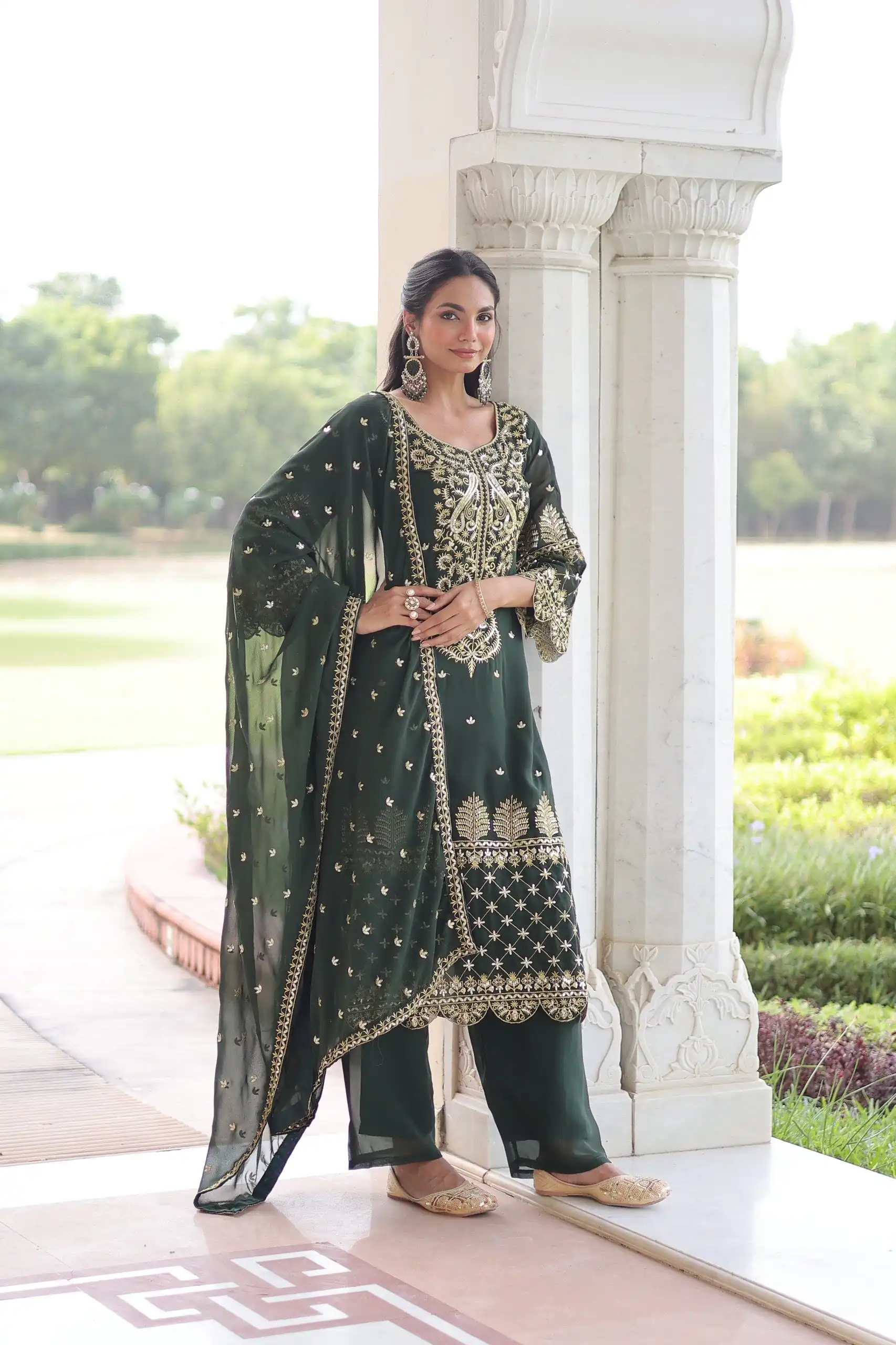 Green Faux Blooming Embroidered Work Salwar Suit