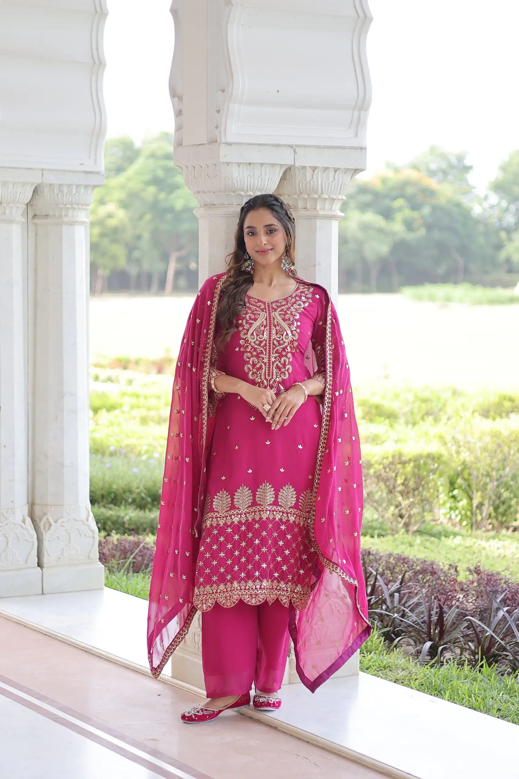 Pink Faux Blooming Embroidered Work Salwar Suit - Image 5