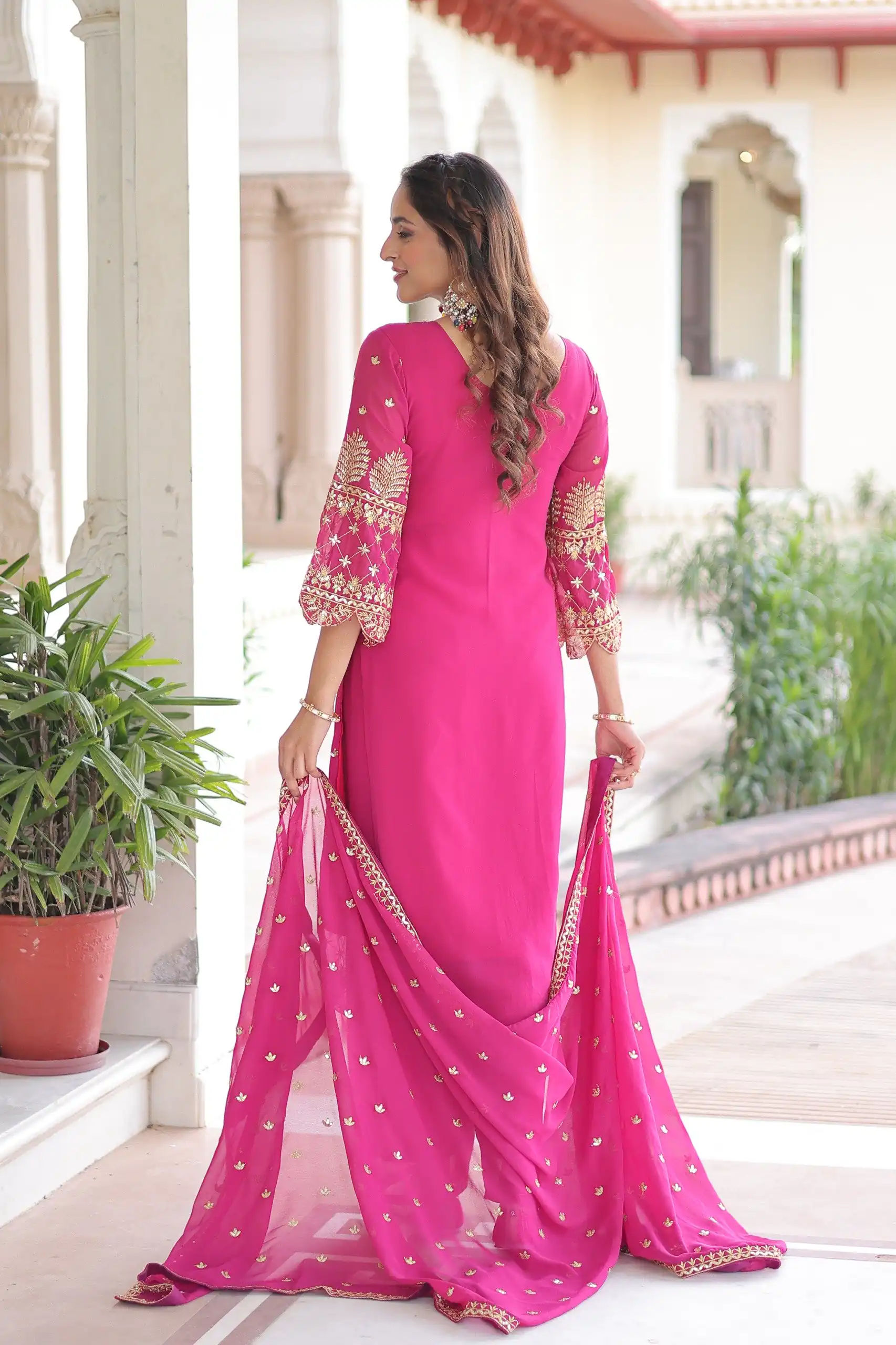 Pink Faux Blooming Embroidered Work Salwar Suit - Image 6