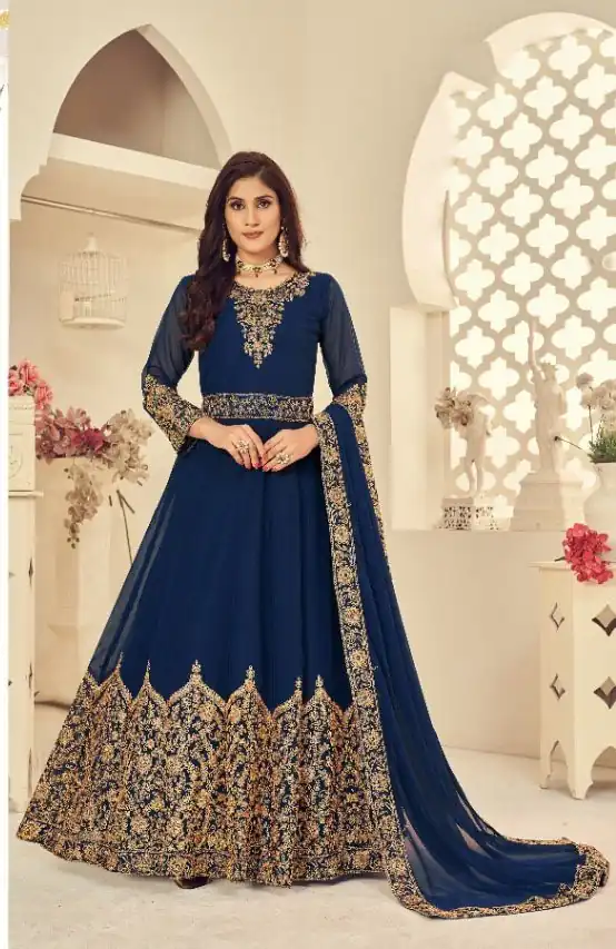 DS 1121 Navy Blue Georgette Salwar Suit with Stone Work. Get it for ₹1999. Wedding, Party, Festive, Events, Delivery 4-6 Working Days. Shop now. | Gowns, Bollywood Gowns, Creative Gowns, Designer Gowns, Embroidered Gowns, Party Wear Gowns